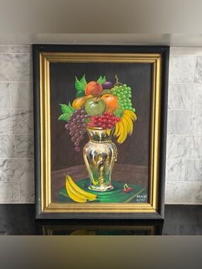 Vintage 19” Framed and Signed Original Still Life Fruit Painting on Board (2001)